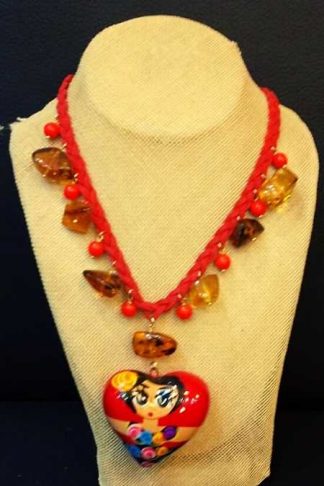 SANCRIS Un Fino Collar de Ámbar con Corazón de Cerámica de Chiapaneca Color Rojo